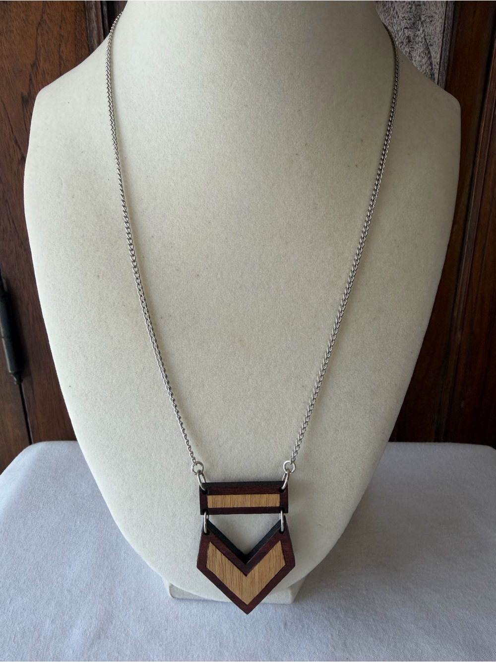 Geometric Wood Pendant Necklace Two Tone Silver Tone Chain Modern Boho